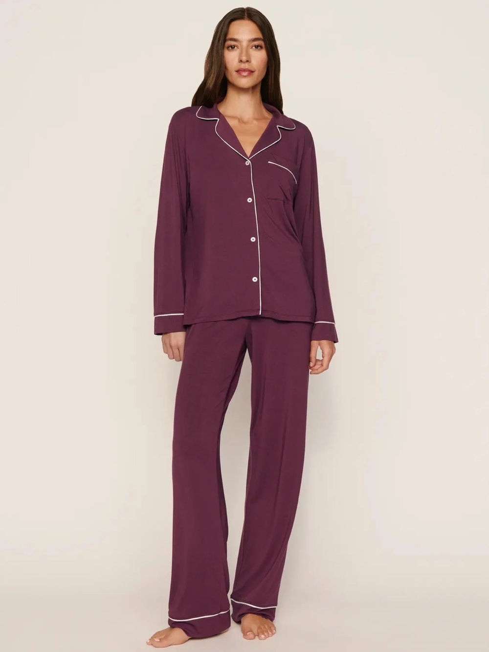 Eberjey Gisele Long Pajama Set in Wildberry/Ivory Size Medium - Picture 2 of 7